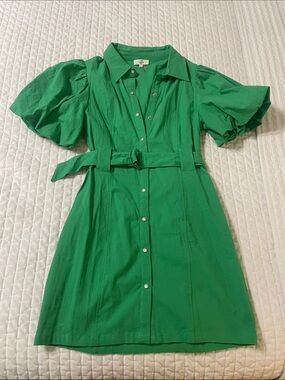 Belted Puff-Sleeve Mini Shirt Dress in Green